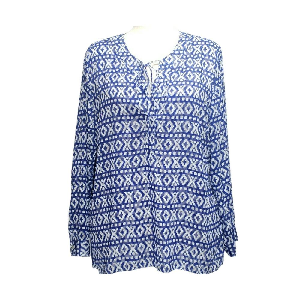 Chico's Semi Sheer Boho Geometric Print Long Sleeve Top Size 3 XL Festival